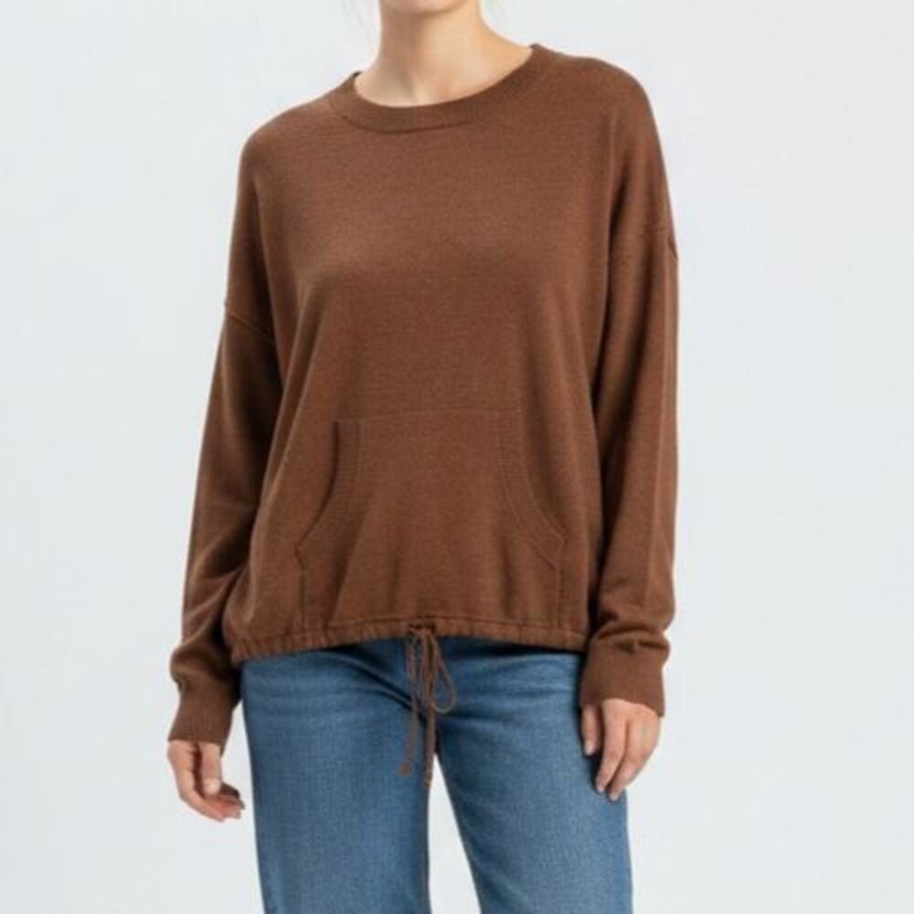 NEW Max Studio Cocoa Crewneck Sweater XL Kangaroo Pocket Drawstring Boxy